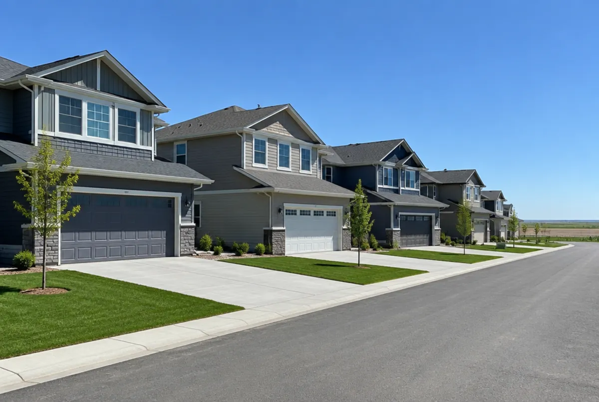 New two-storey homes on a fresh suburban street in Airdrie, Alberta