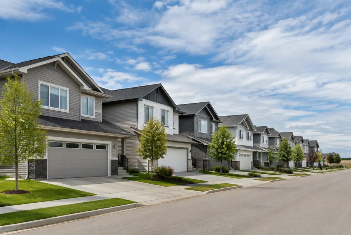 Row of newer two-storey homes in a northeast Calgary suburb