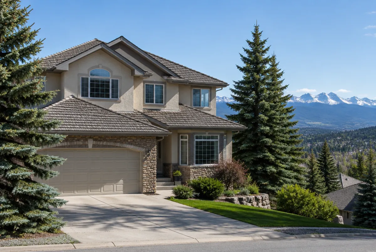 1990s two-storey home on a northwest Calgary hillside with the Rockies behind
