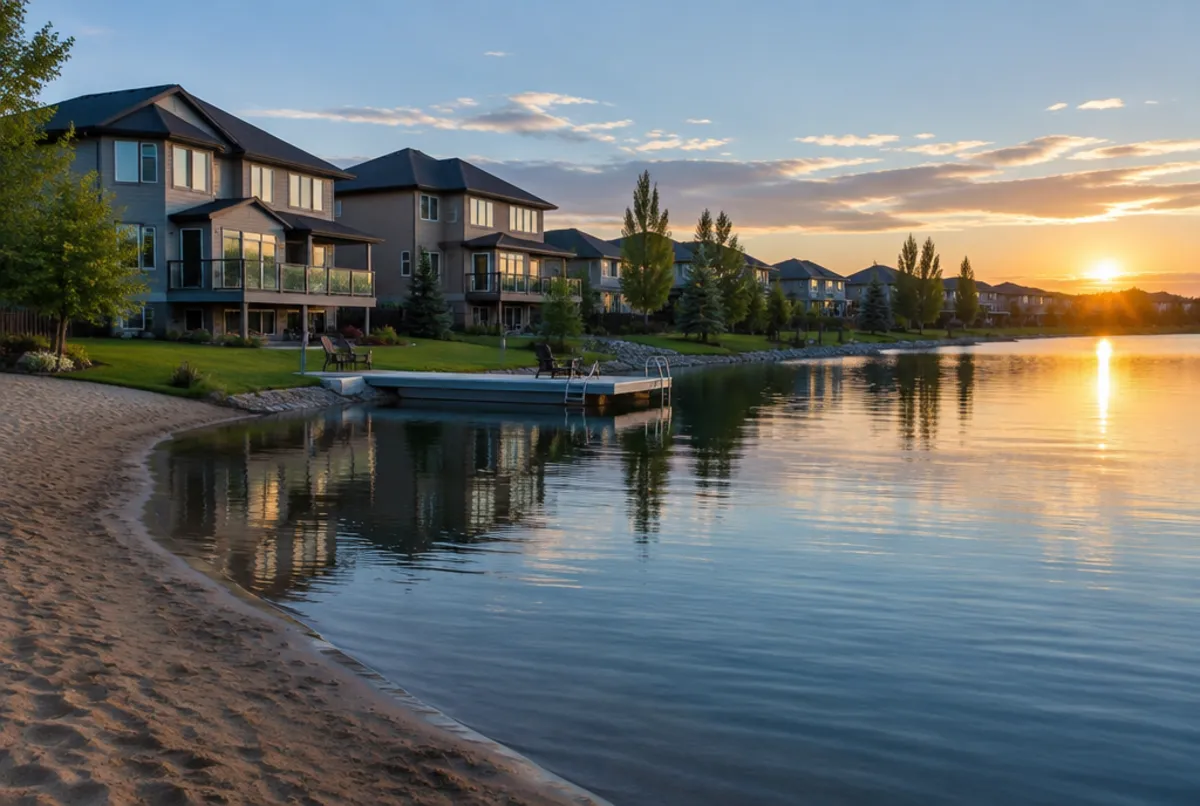 Two-storey homes along a calm lake in a southeast Calgary community