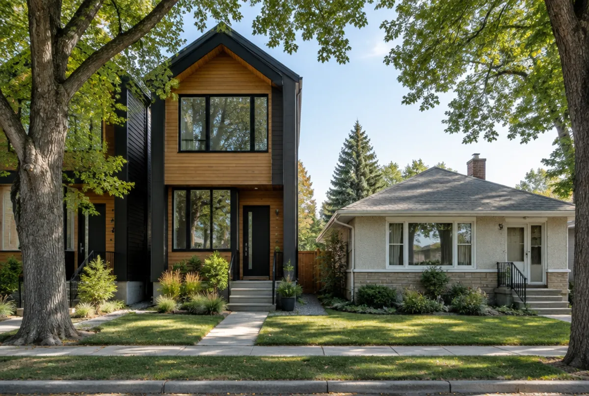 Modern infill home beside an older bungalow on a tree-lined southwest Calgary street