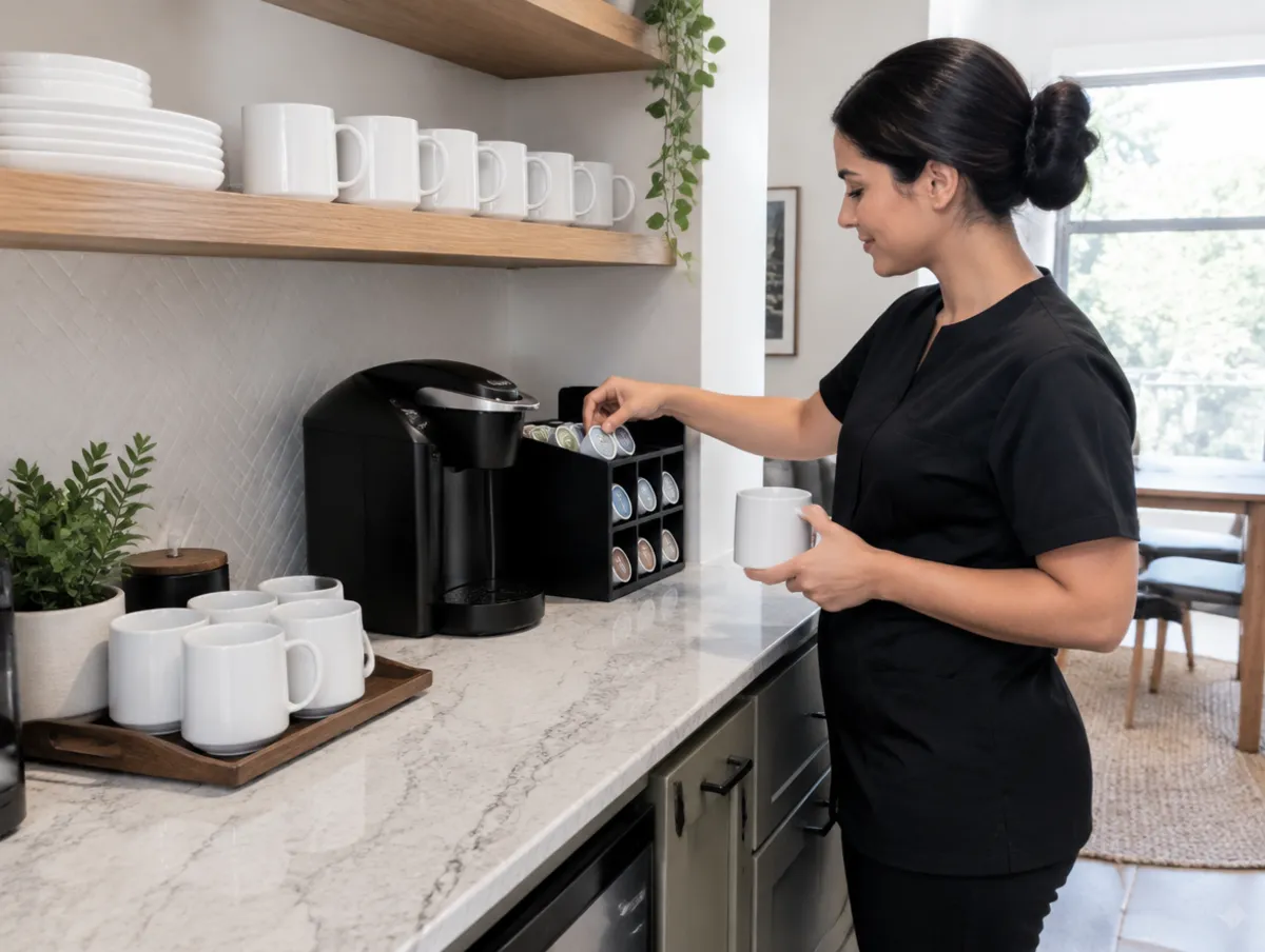 Coffee station restocked in a short-term rental