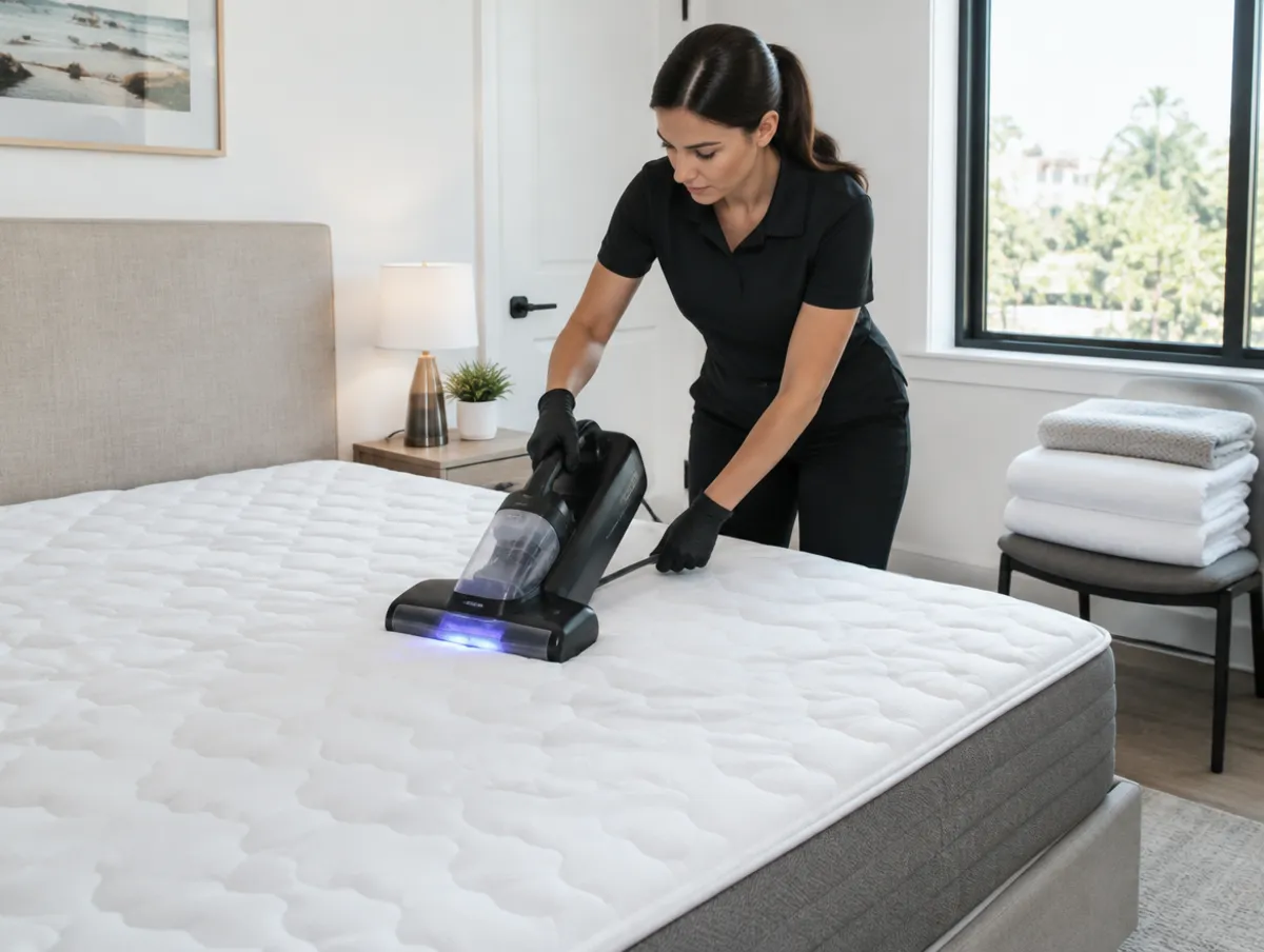 Cleaner using a mattress cleaning machine in a Calgary Airbnb