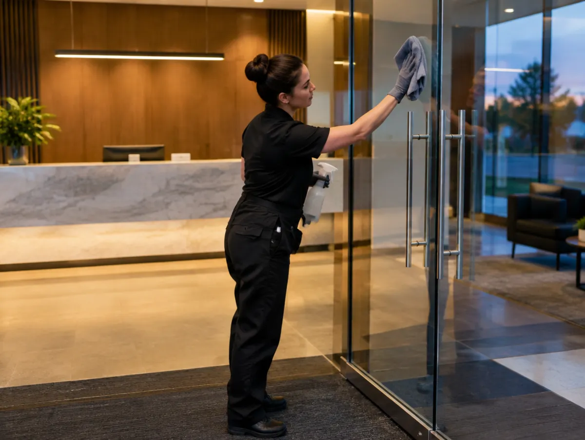 Glass entrance door polished in an office reception