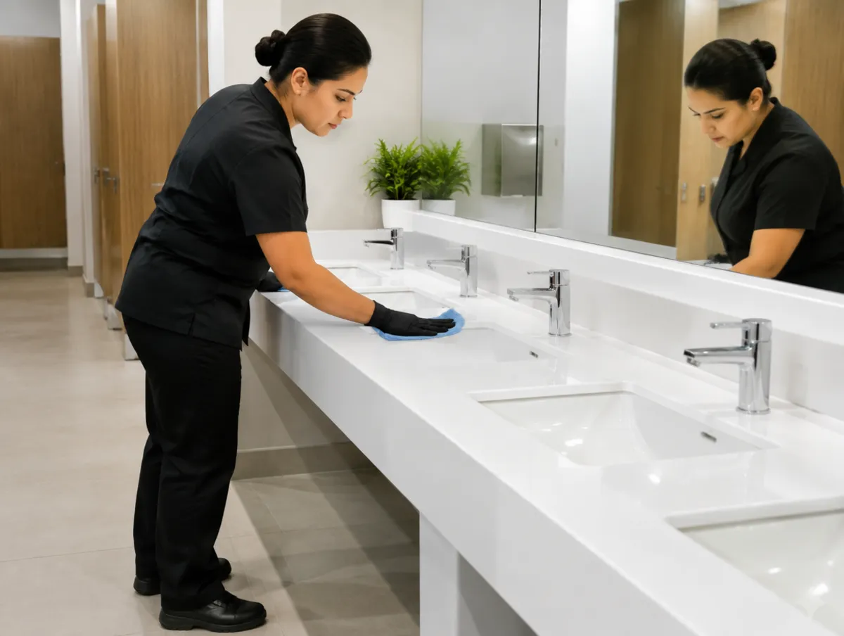 Office washroom counters cleaned after hours