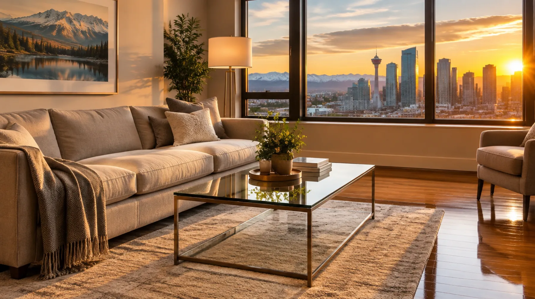 Freshly cleaned Calgary living room at golden hour