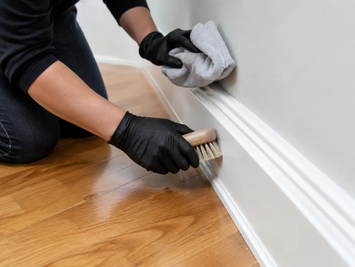 Baseboard scrubbed by hand during a deep clean