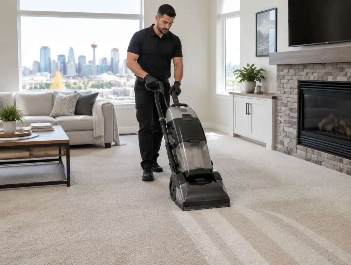 Cleaner using a carpet cleaning machine on a living room carpet in Calgary