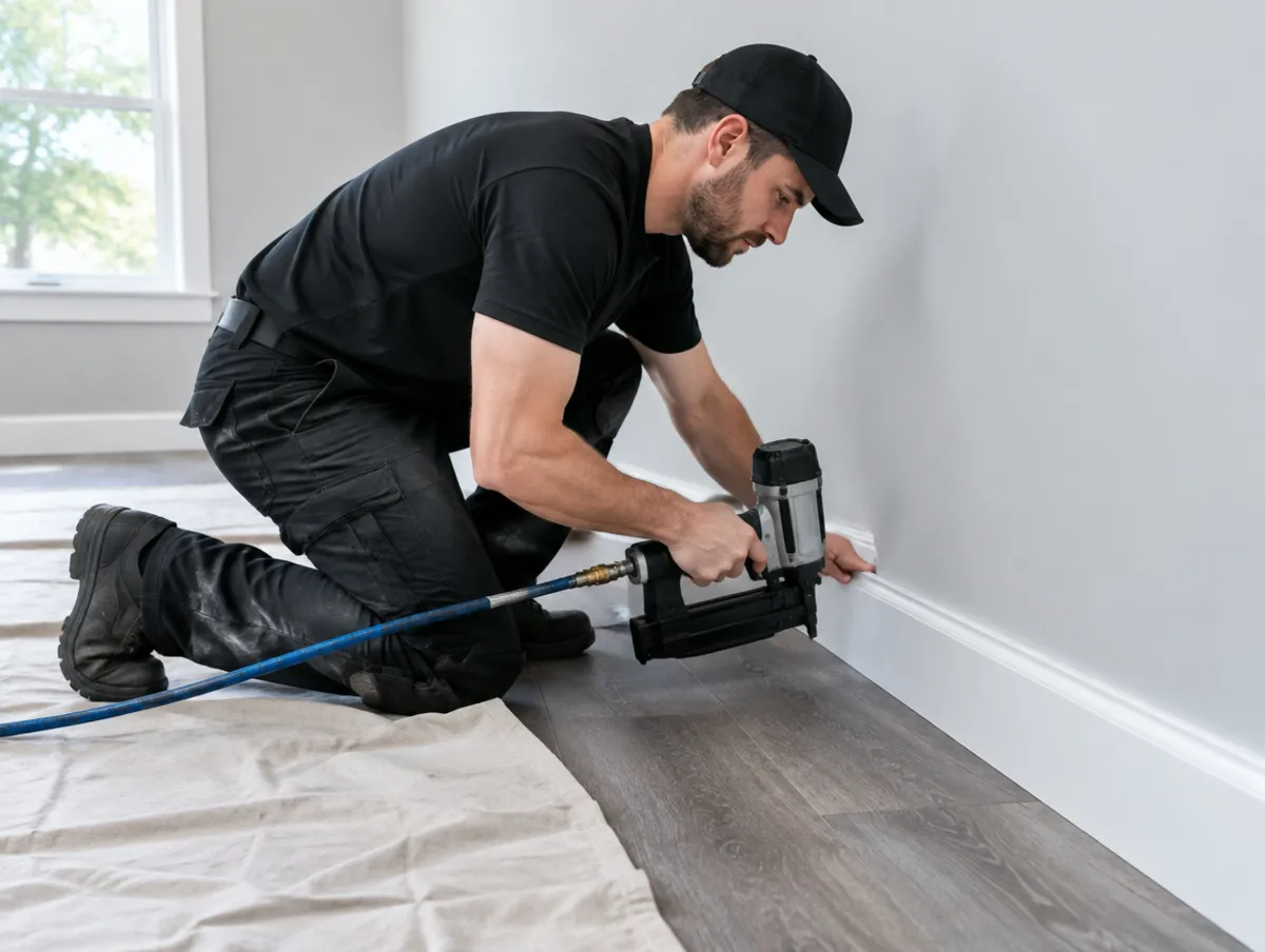 Worker in a black uniform installing trim with a nail gun