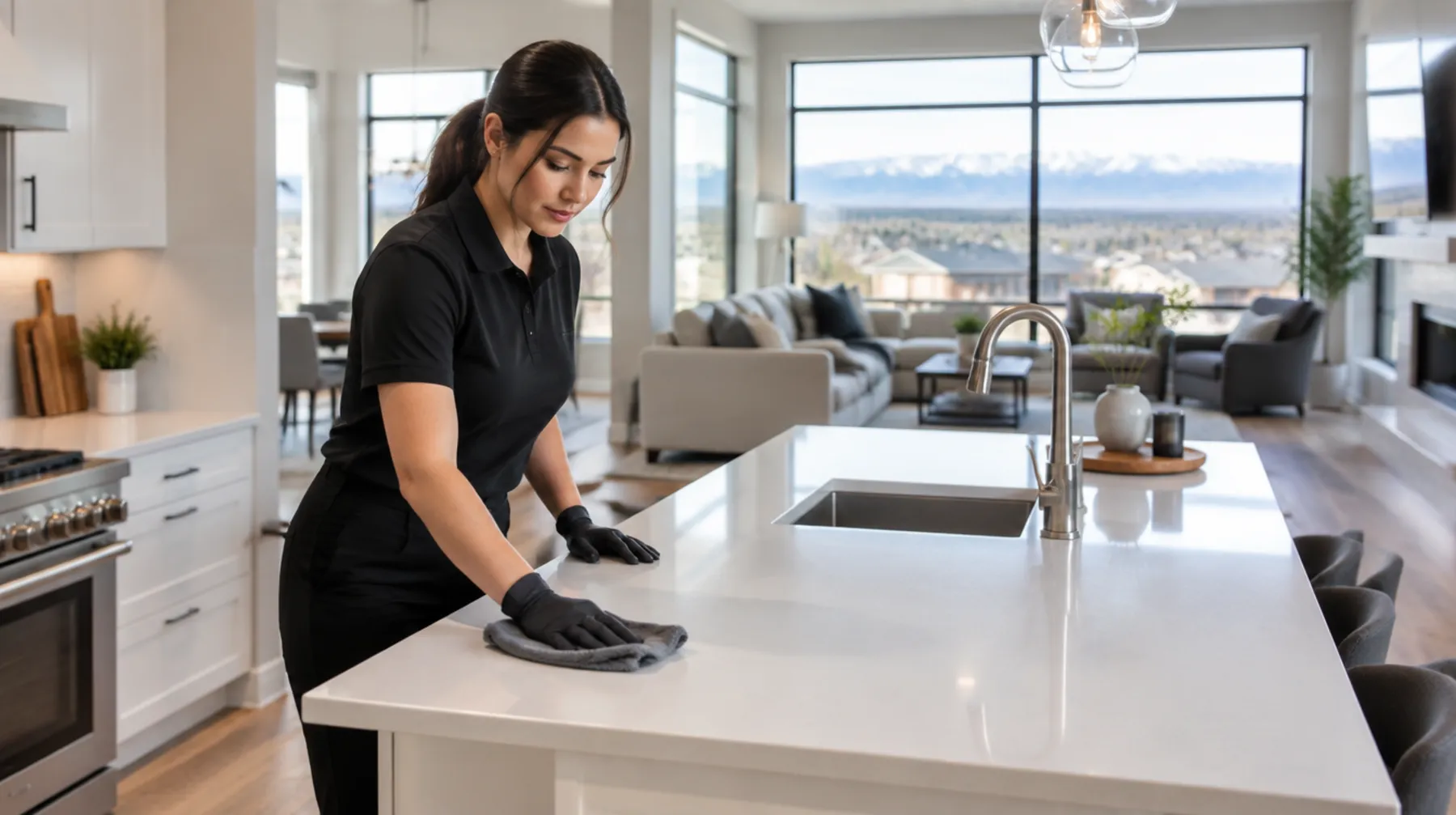 AA Prime Services cleaner wiping a quartz kitchen island in a bright Calgary home