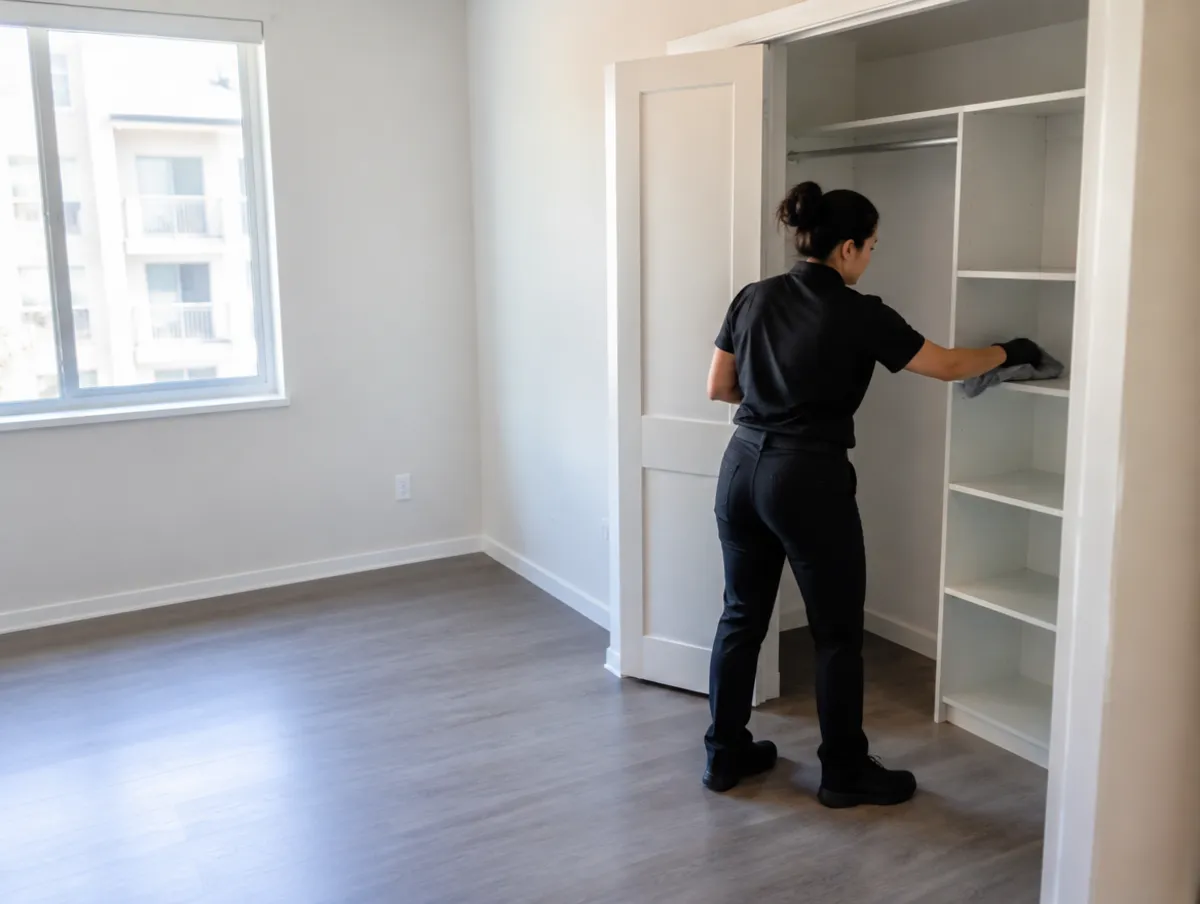 Empty closet shelves wiped on move out day