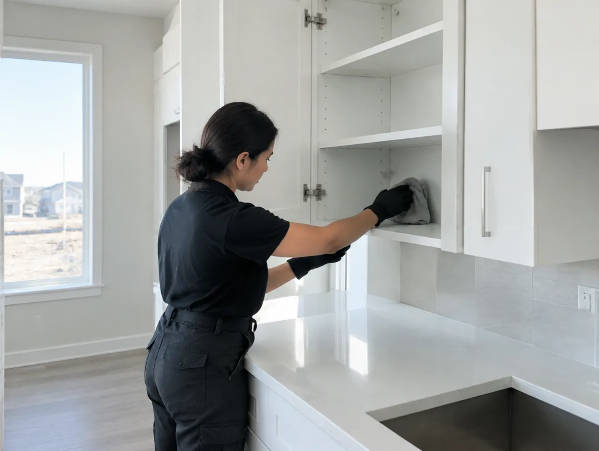 Construction dust wiped from new kitchen cabinets