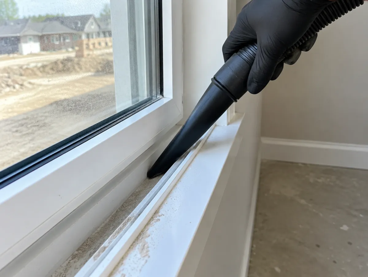 Drywall dust vacuumed from a new window track