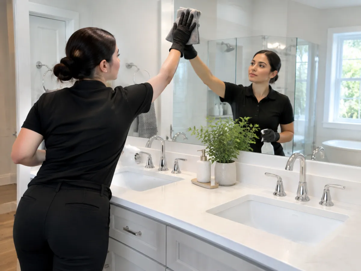 Cleaner wiping a double vanity and mirror