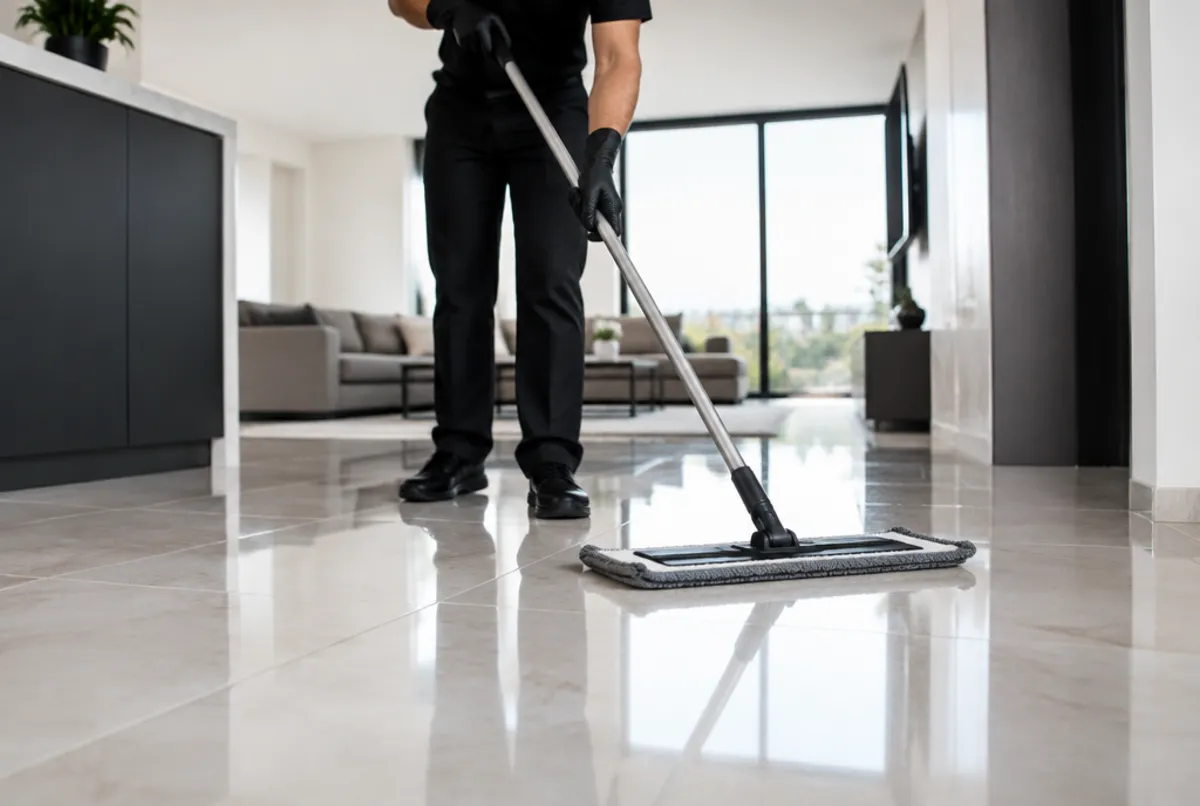 Cleaner mopping a porcelain tile floor to a shine