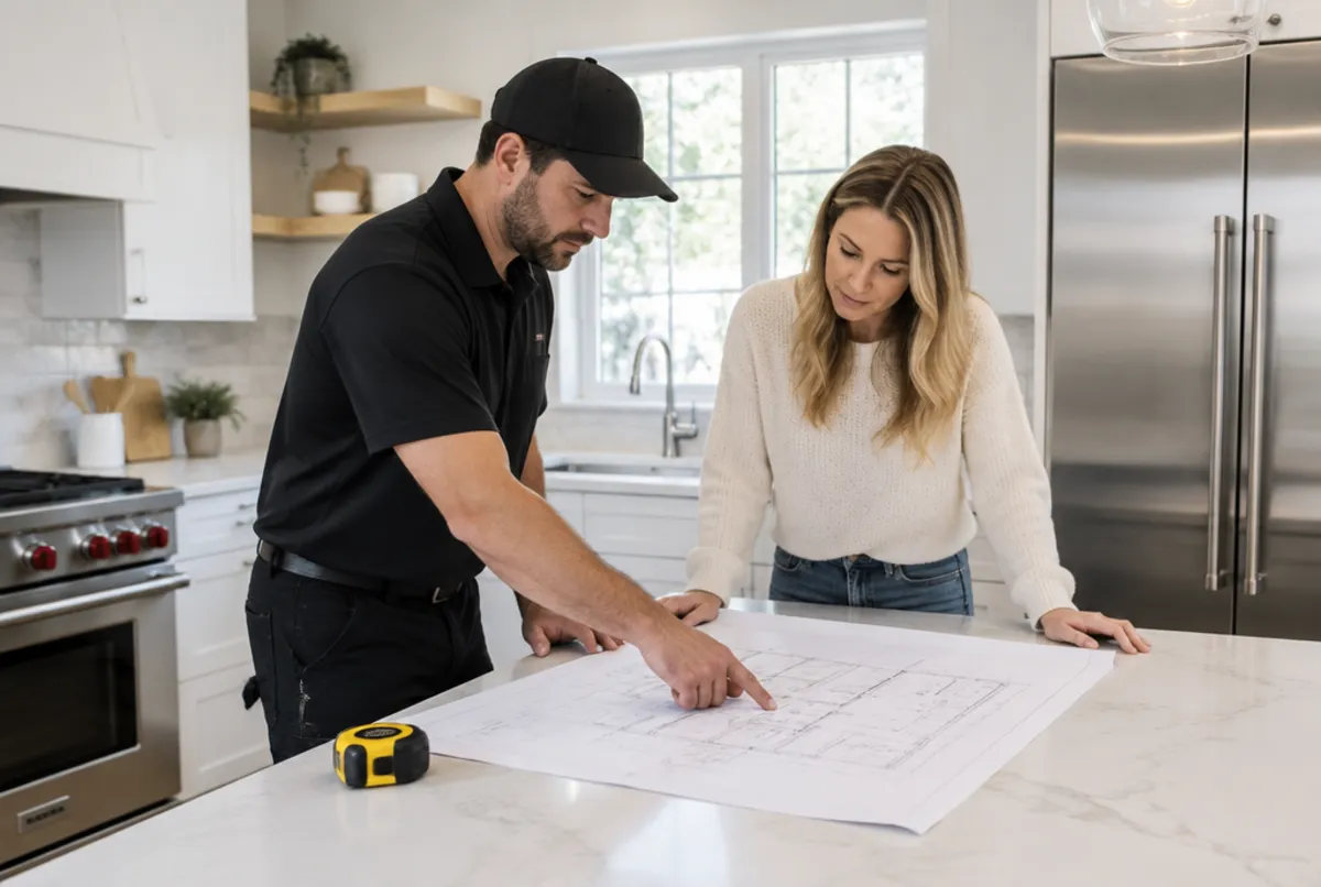 Worker reviewing job plans with a client