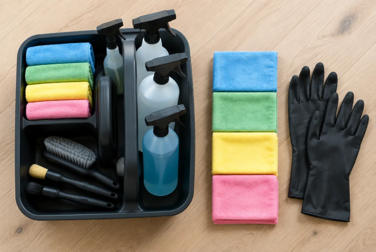 Organised cleaning caddy with colour coded microfibre cloths and gloves