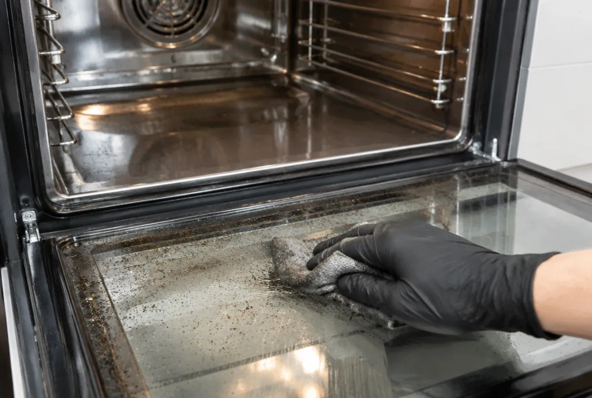 Gloved hand cleaning the inside of an oven door during a move out clean