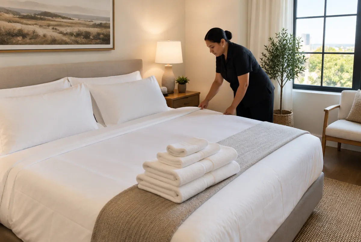 Cleaner making a bed with fresh linens in a Calgary Airbnb