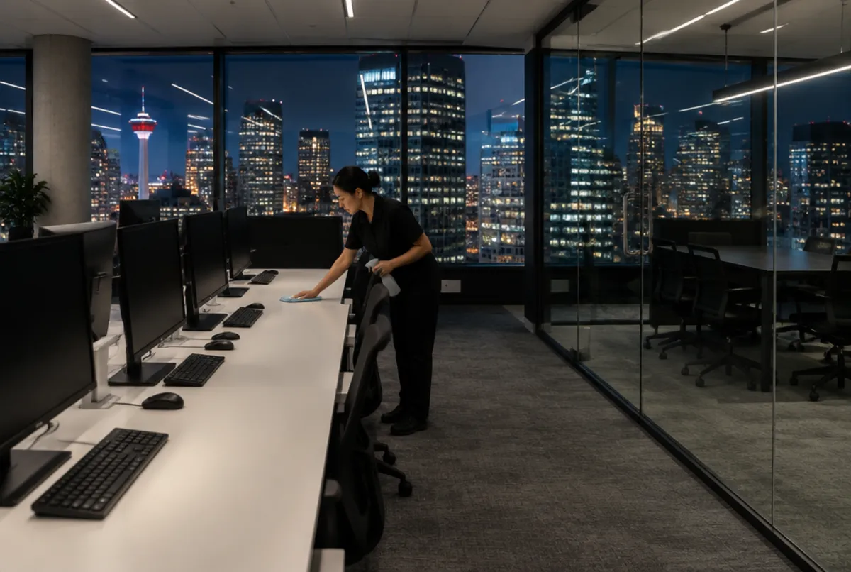 Cleaner wiping desks in a downtown Calgary office at night