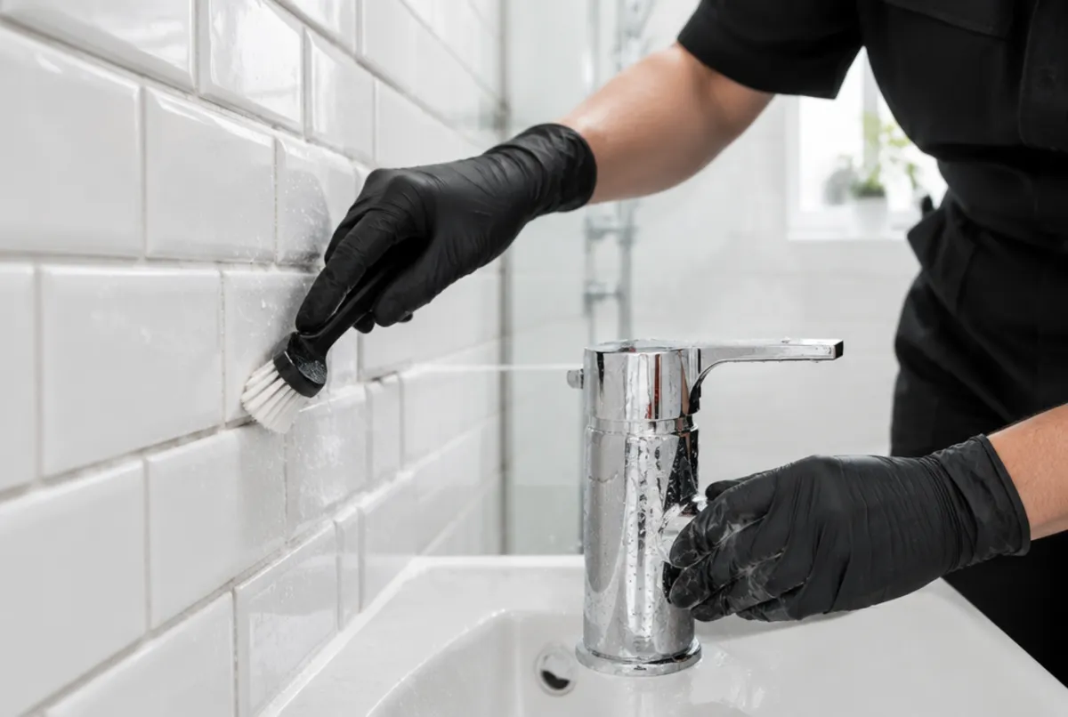 Gloved hand scrubbing tile grout during a Calgary deep clean