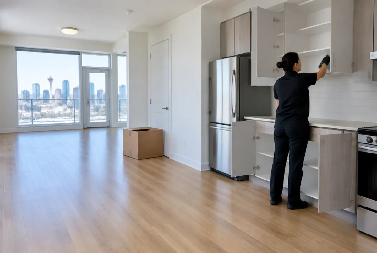Cleaner wiping inside empty cabinets on move out day in Calgary