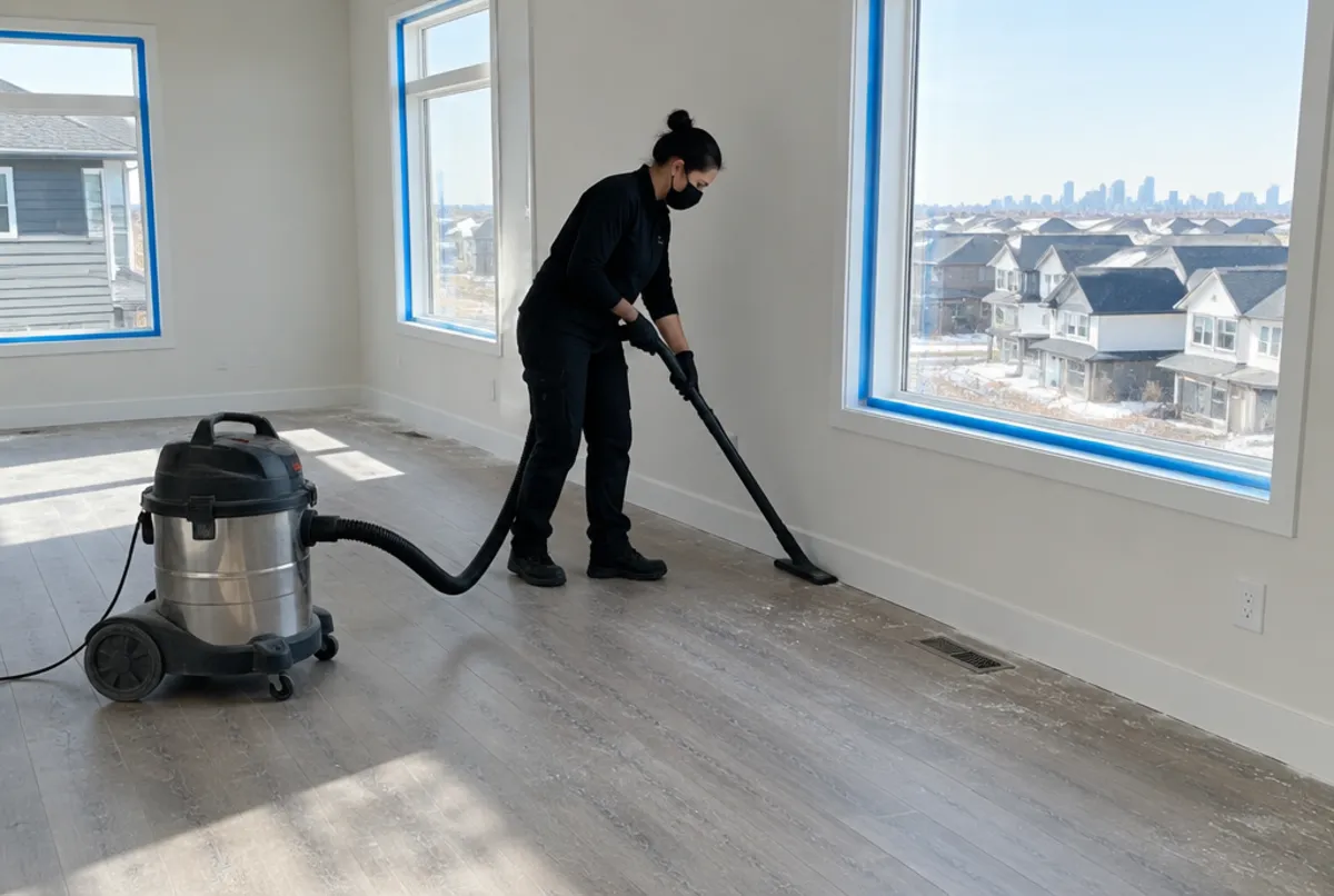 Cleaner HEPA vacuuming drywall dust in a new Calgary home