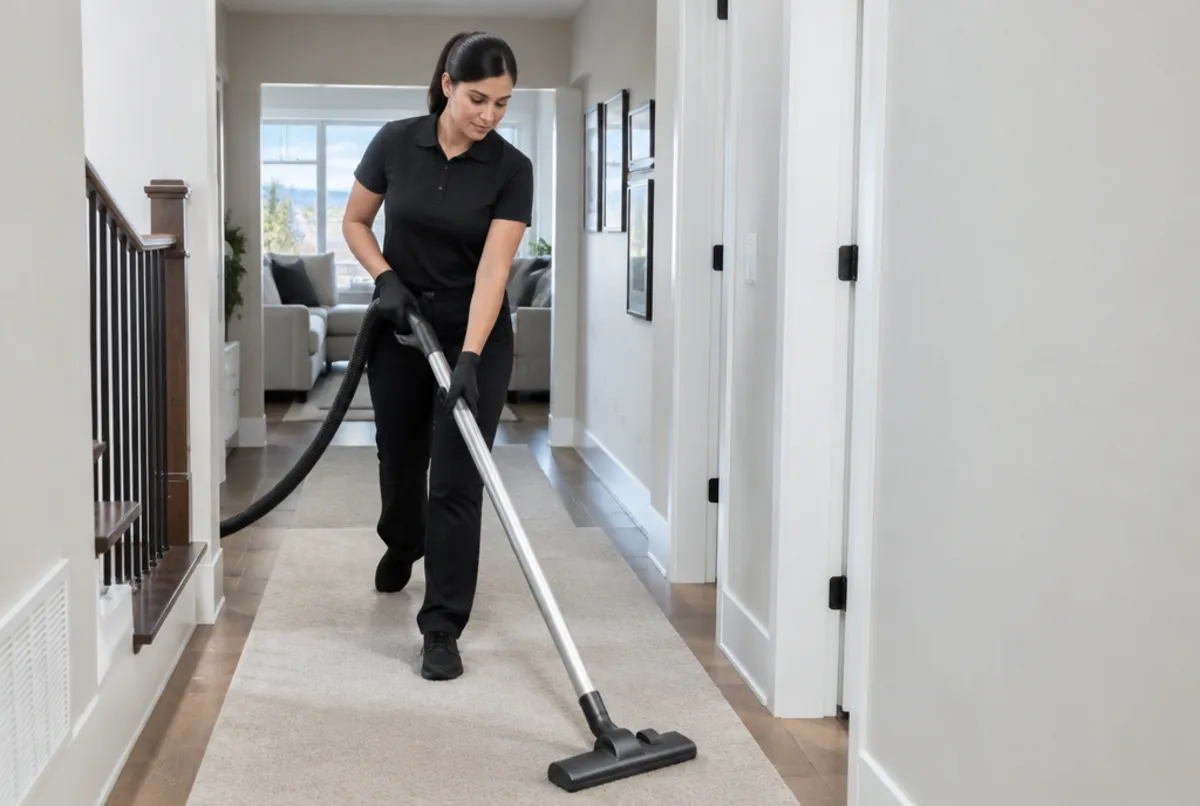 House cleaner vacuuming a hallway in a Calgary home
